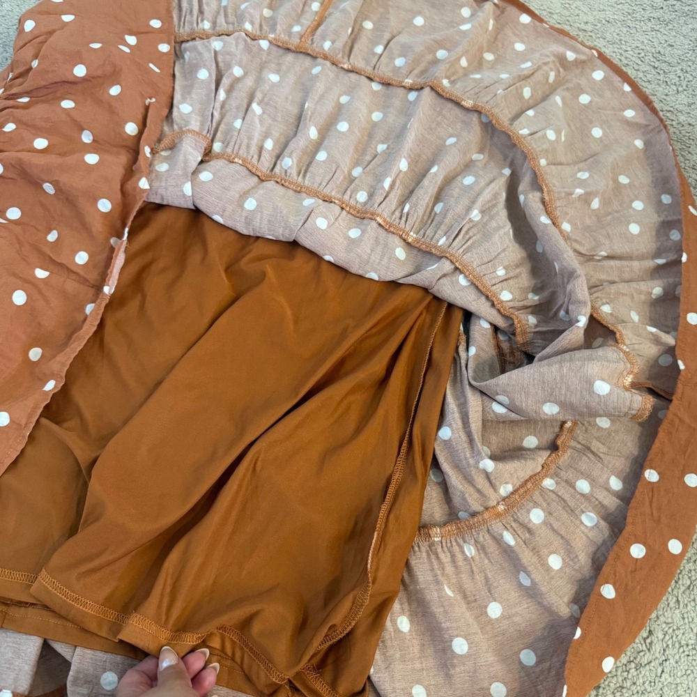 Entro Rust Polka Dot Tiered Babydoll Mini Dress Sleeveless Pockets Womens Large - Picture 8 of 10
